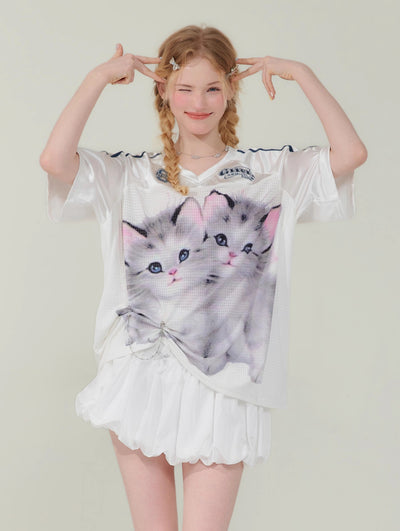 Cat Print Loose V-neck Quick-drying Short-sleeved T-shirt ZIZ0144