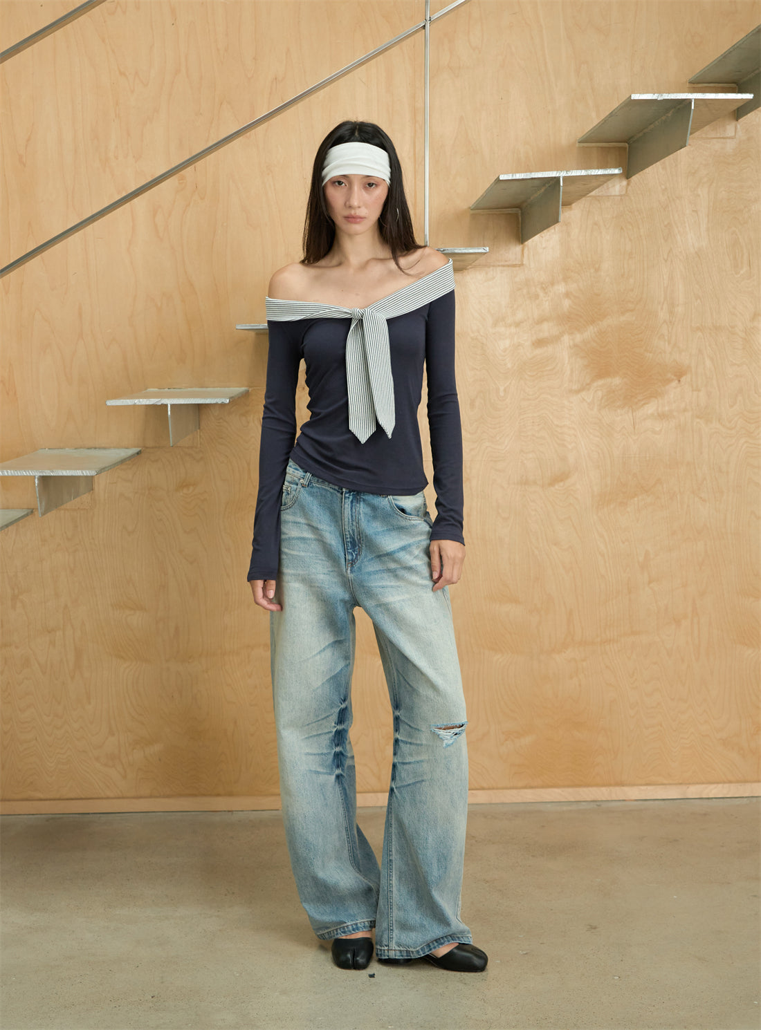 One-shoulder Striped Tie-stitched T-shirt CUR0248
