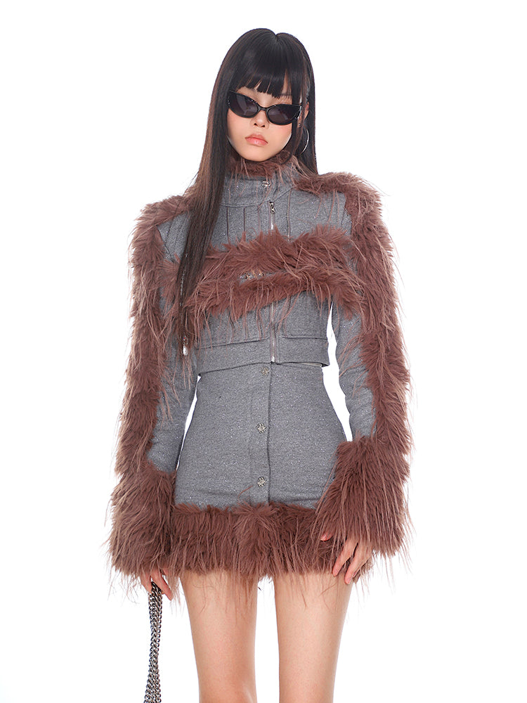 Fur High Collar Deconstruction Detachable Flashing Jacket/Short Skirt UNC0180