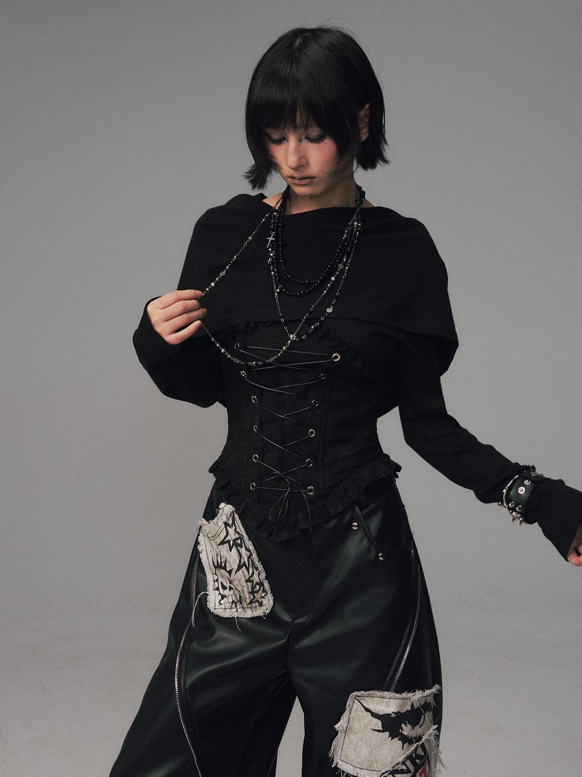 Dark Collar Hooded Patchwork Jacquard Top FRU0121