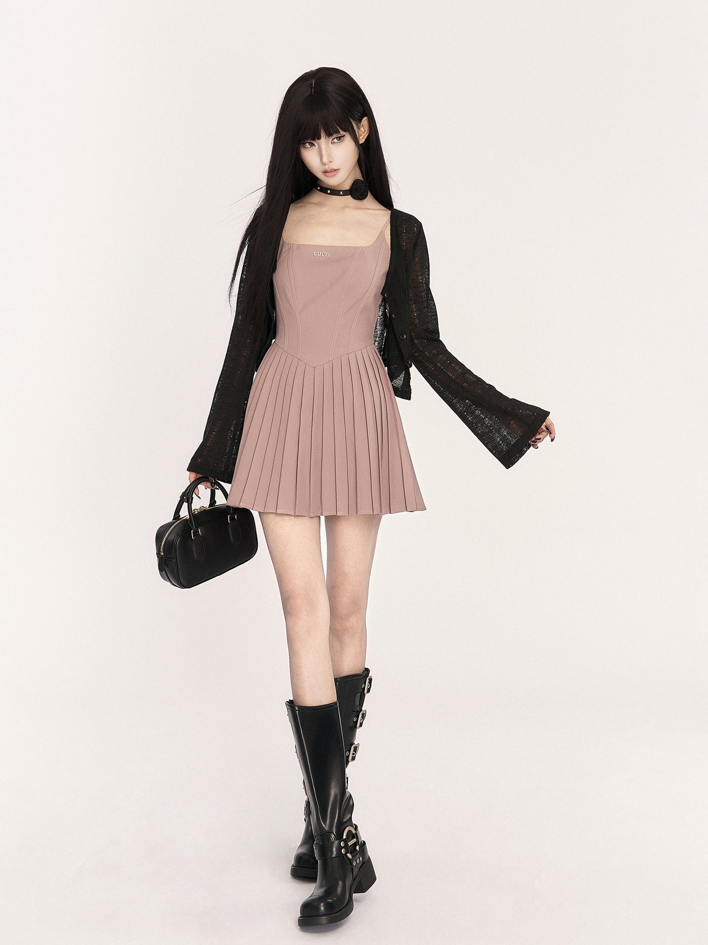 Square Neck Suspenders Pleated Dress VOC0415