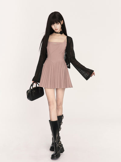 Square Neck Suspenders Pleated Dress VOC0415
