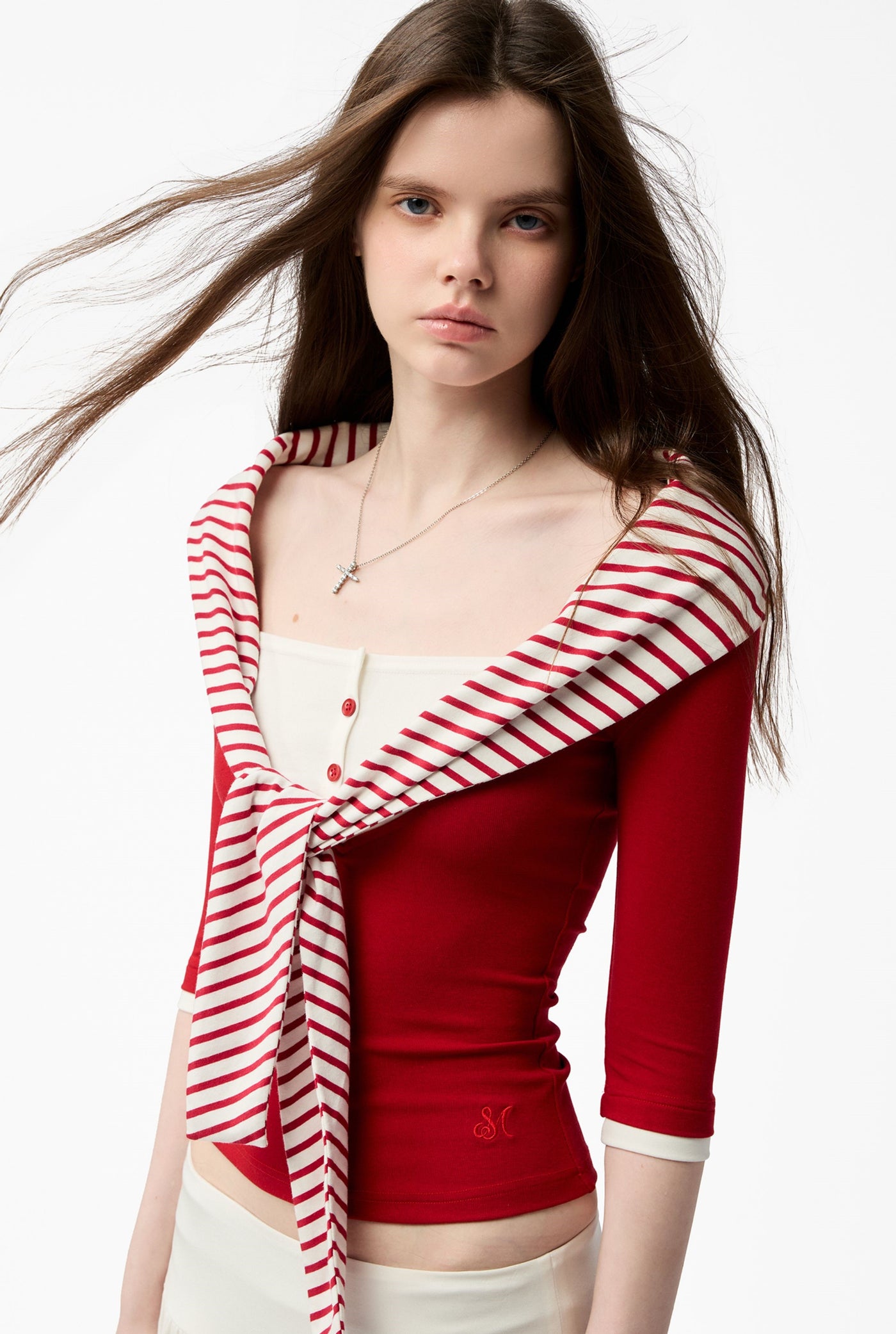Striped Henley Collar Faux Two-Piece T-shirt 4MU0152