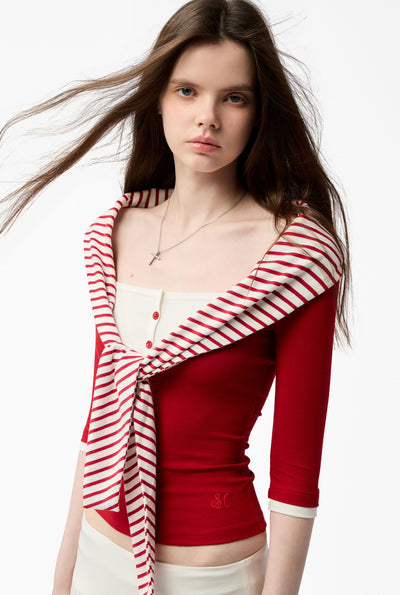Striped Henley Collar Faux Two-Piece T-shirt 4MU0152