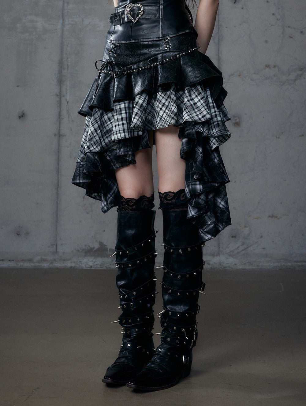 Punk Plaid Irregular Splicing Leather Skirt NOR0188