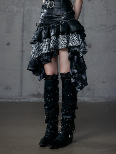Punk Plaid Irregular Splicing Leather Skirt NOR0188