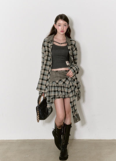 Lace Camisole/Plaid Shirt/Irregular Skirt VIA0151