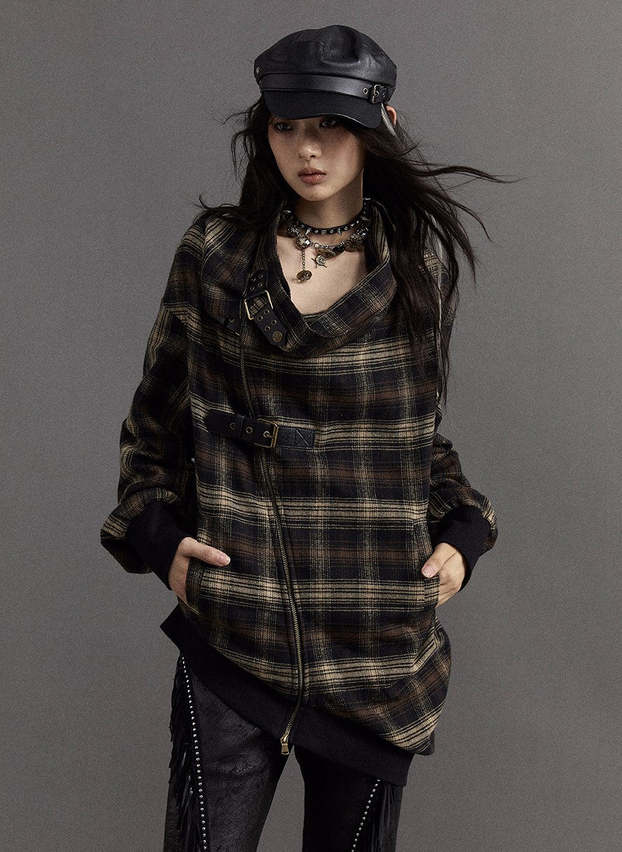 Retro Street Punk Lazy Style Pile Collar Plaid Asymmetric Jacket NOR0110