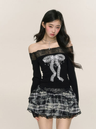 One Shoulder Lace Long Sleeve Slim Waist T-shirt DIA0217