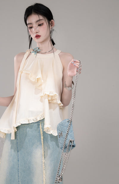 Irregular Halter Neck Ruffled Top/Pants COT0303