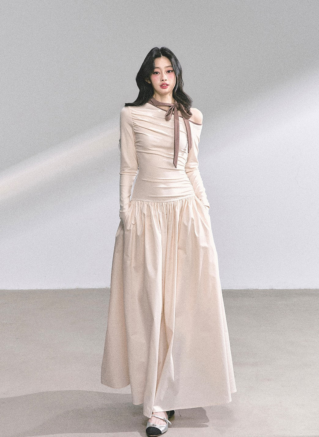 Off-shoulder Waist Slim Bow Dress DIA0574