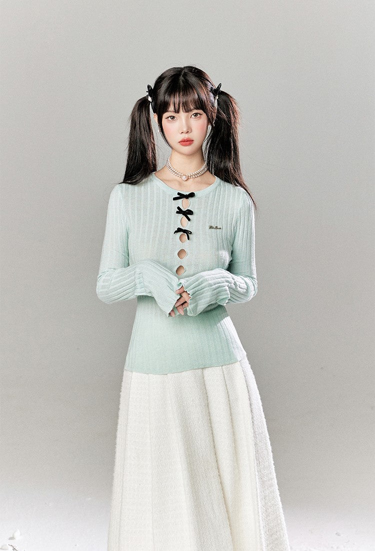 Hollow Long Sleeve Round Neck Bow Knitted Sweater/Skirt TBI0051