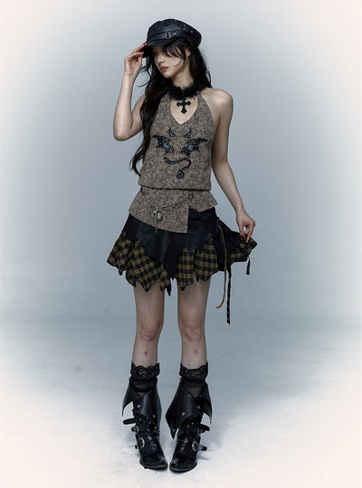 Punk Street Rock Embroidery Leopard Print Halter Vest NOR0067