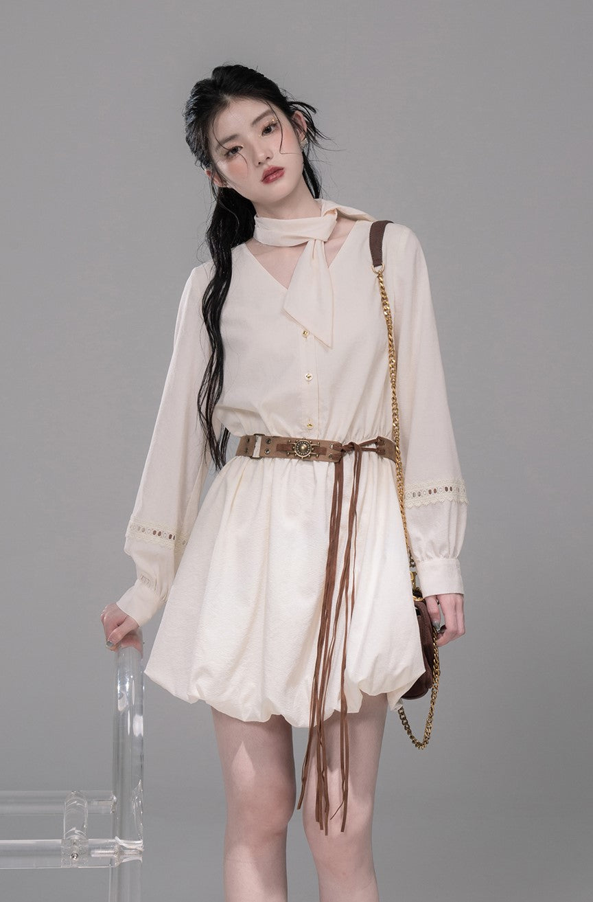 Custard Vest/Lace White Shirt Dress COT0336