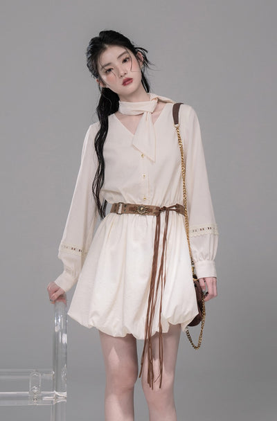Custard Vest/Lace White Shirt Dress COT0336