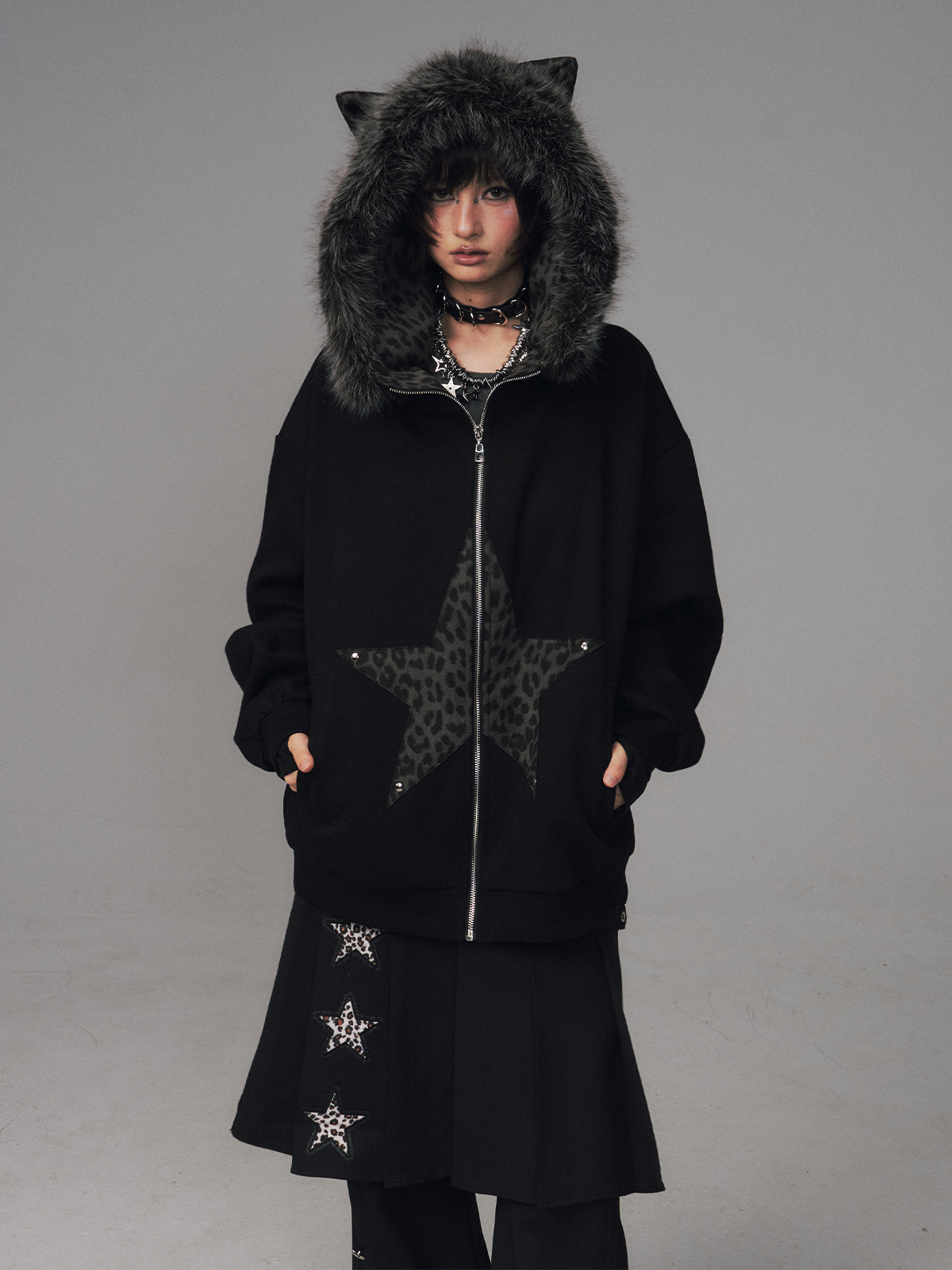 Cat Ear Leopard Print Fur Collar Hooded Jacket FRU0130