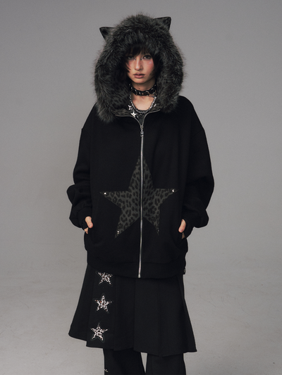Cat Ear Leopard Print Fur Collar Hooded Jacket FRU0130