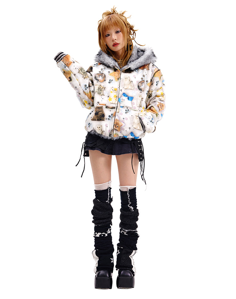 Cat Print Reversible Fur Hooded Jacket CFI0062