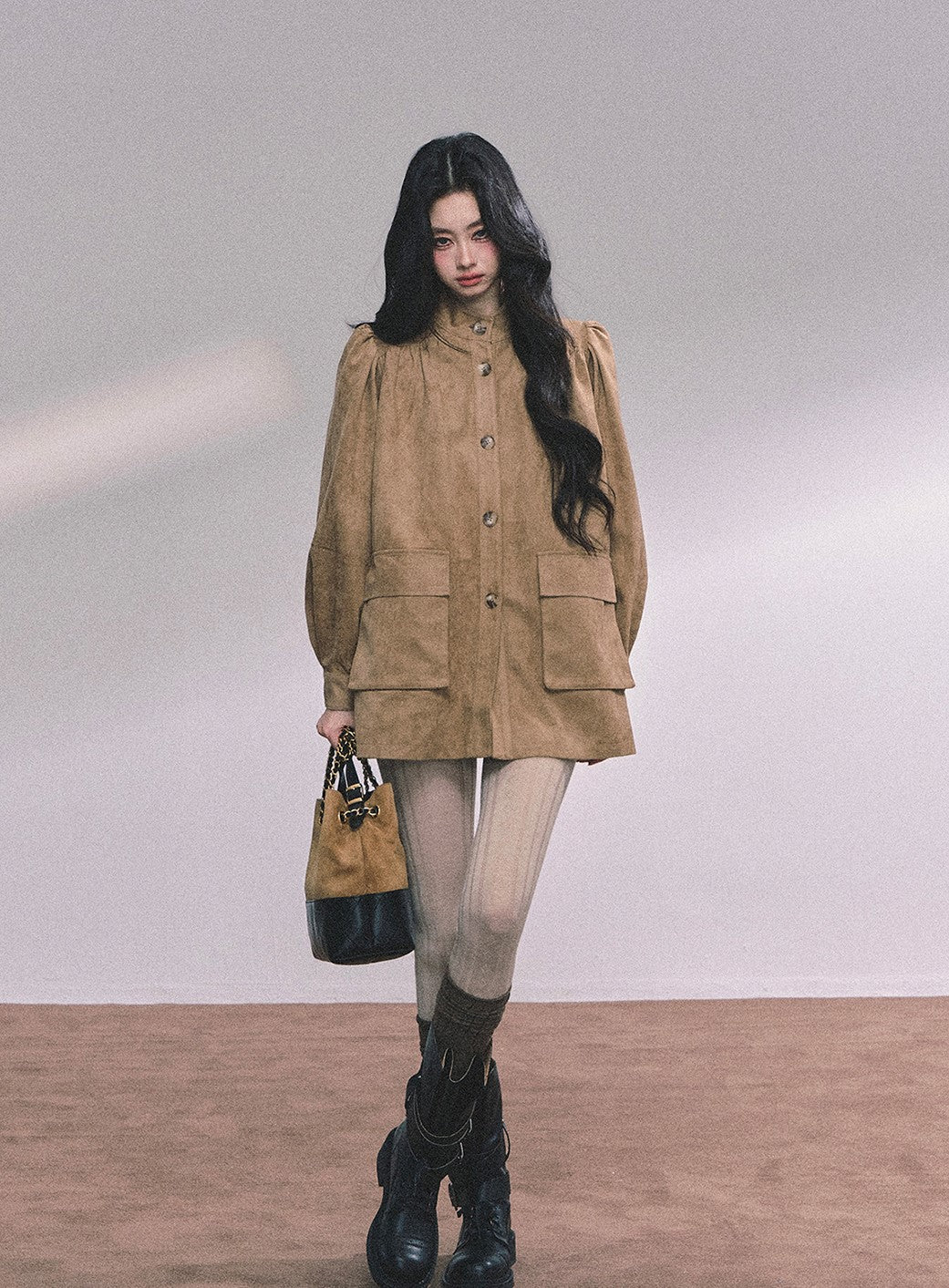 Coffee Brown Suede Stand Collar Jacket DIA0609