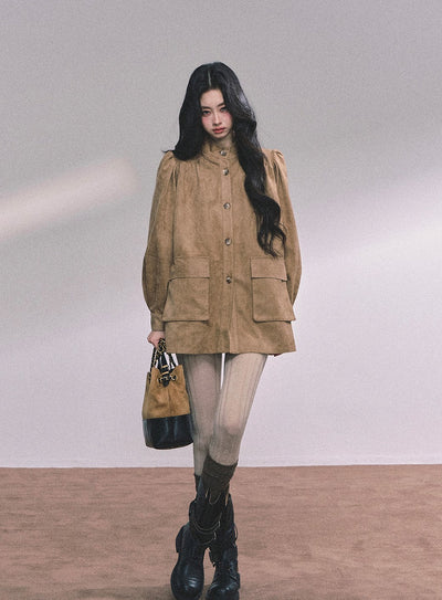 Coffee Brown Suede Stand Collar Jacket DIA0609