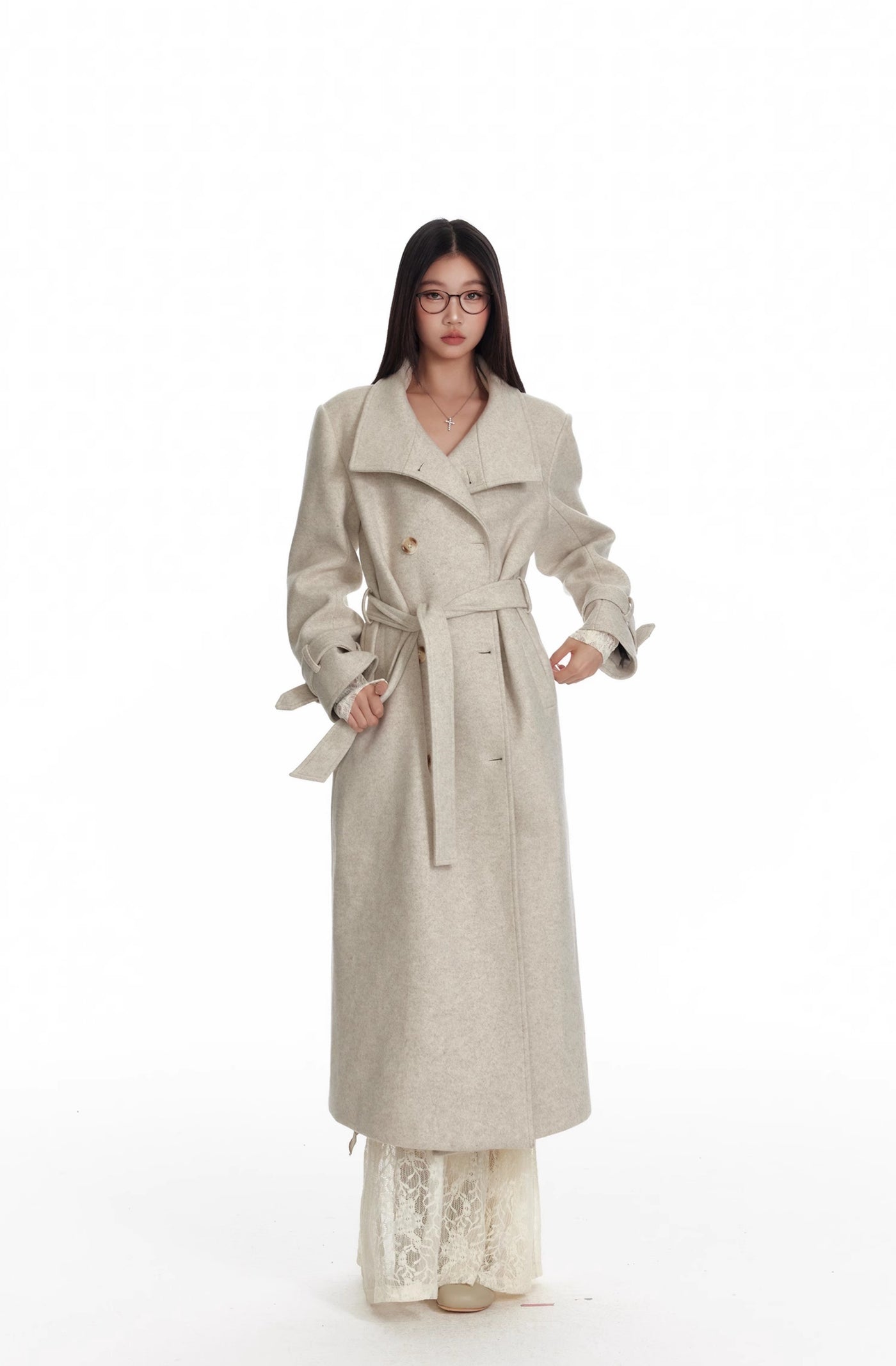 Oatmeal Color Detachable Shawl Cape/Woolen Long Coat 4MU0076