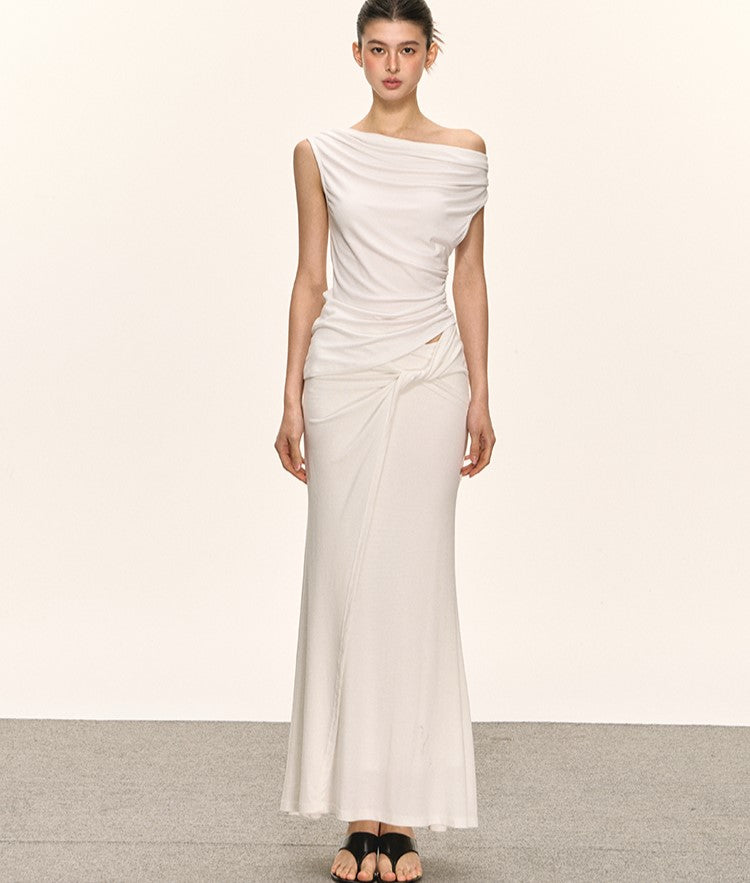 Pleated Oblique Shoulder Top/Skirt ANA0034