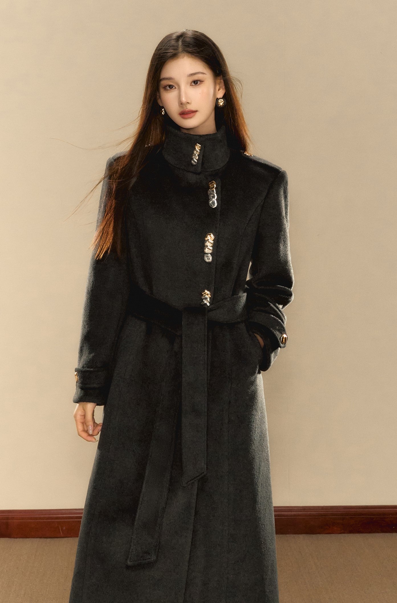 Gray High-grade Pearl Gold Button Long Wool Coat OSH0077