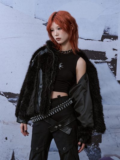 Patchwork Street Metal Punk Rivet Fur Jacket FRU0043