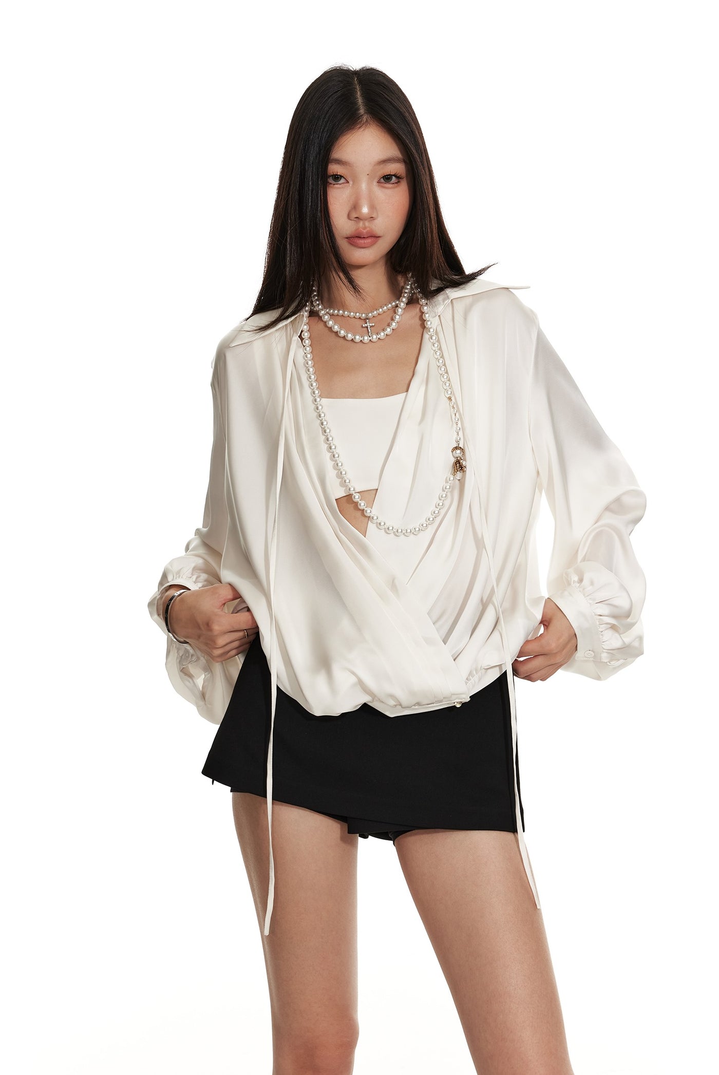 Lantern Sleeve Oblique Collar Loose Pleated Large Shirt 4MU0061