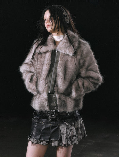 Smudged Leather Eco-friendly Fur Lapel Detachable Hem Coat CES0114