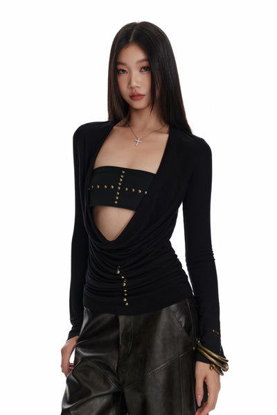 Cross Rivet Tube Top/Knitted Large V-neck Top 4MU0068