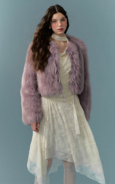 Cream Purple Patchwork Leather Bow Fur Coat RUS0011