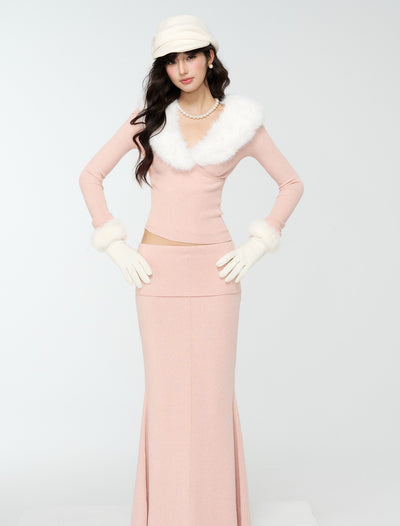 Detachable Fur Collar Sweater/Fishtail Skirt 4MU0171