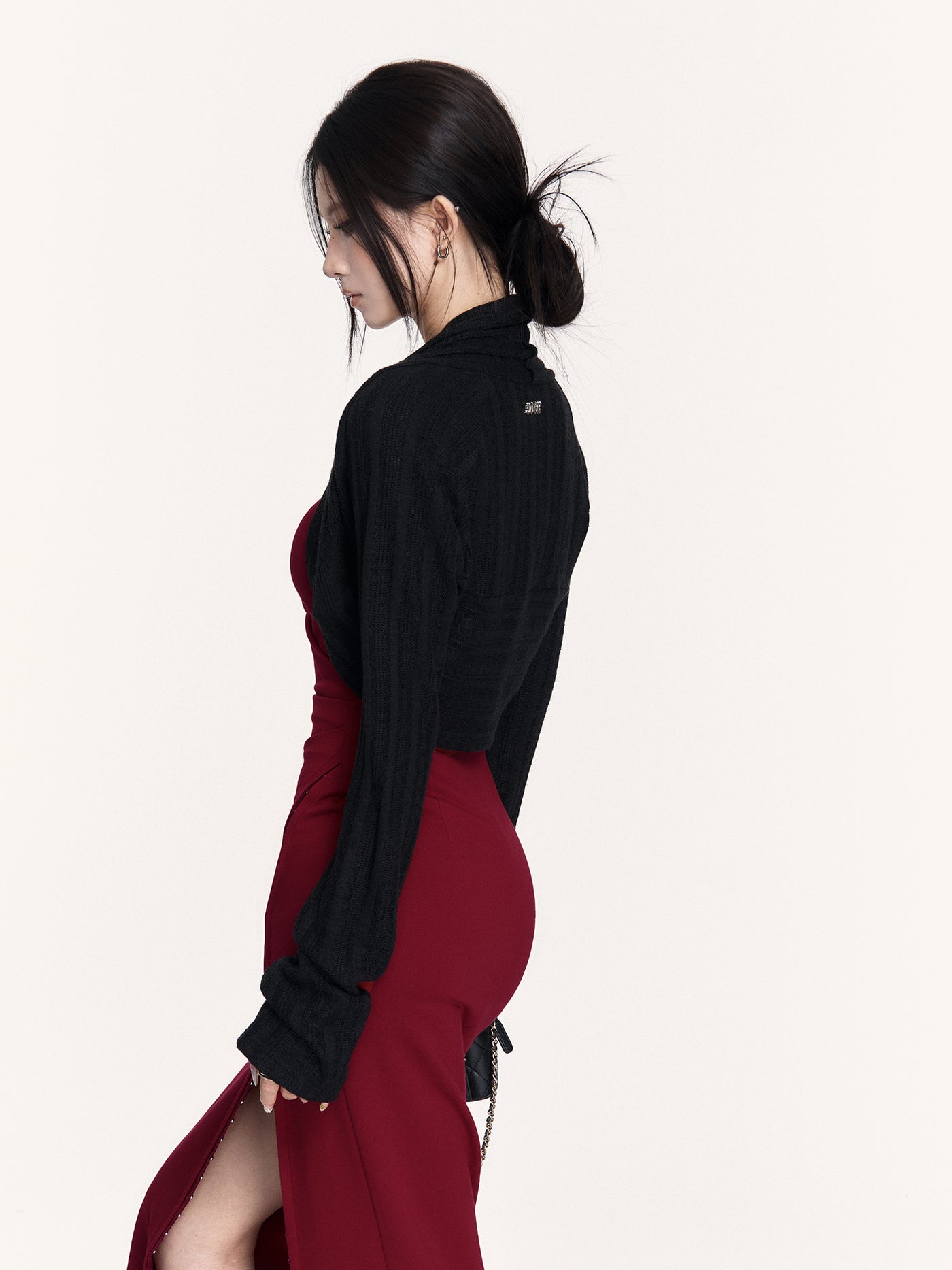 Red Waist Slit Square Collar Dress VOC0428