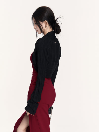 Red Waist Slit Square Collar Dress VOC0428