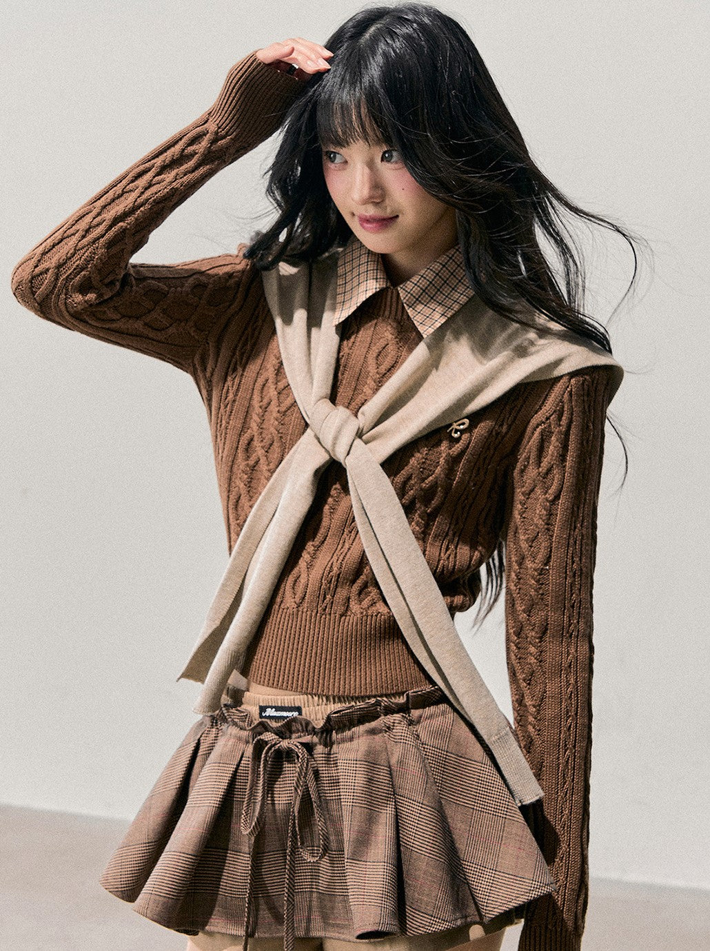 Plaid Collar Cable Knit Sweater DIA0751