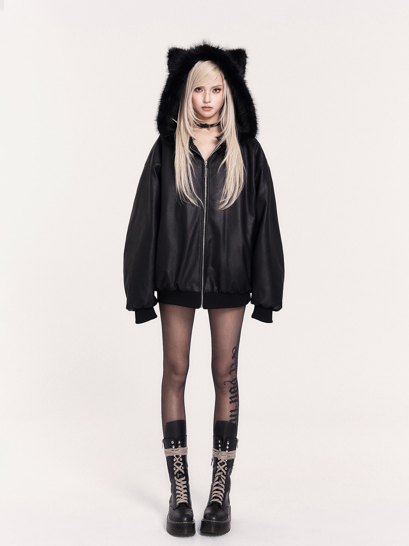 Fur Collar Cat Ears Hooded Leather Jacket VOC0466