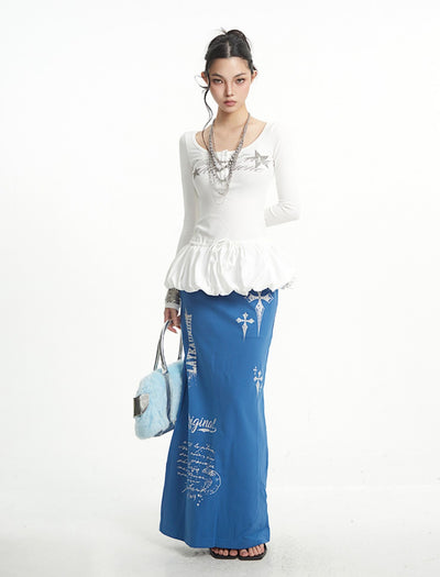 Cross Print Slit Straight Skirt UNC0270