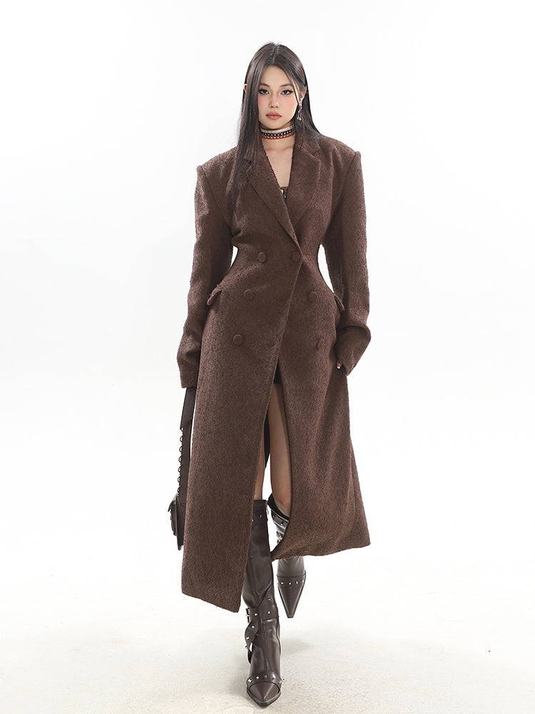 High-end Niche Waist Design Double-breasted Long Coat UNC0158