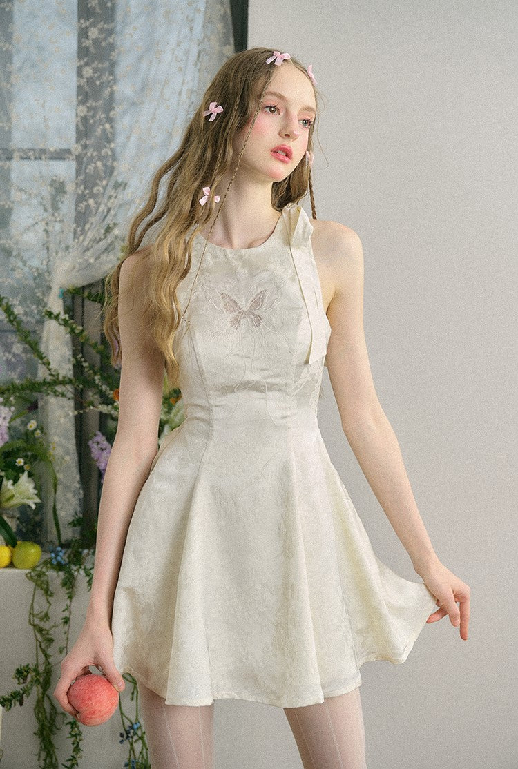 Butterfly Silence Embroidery Hollow White Jacquard Princess Dress GRO0062
