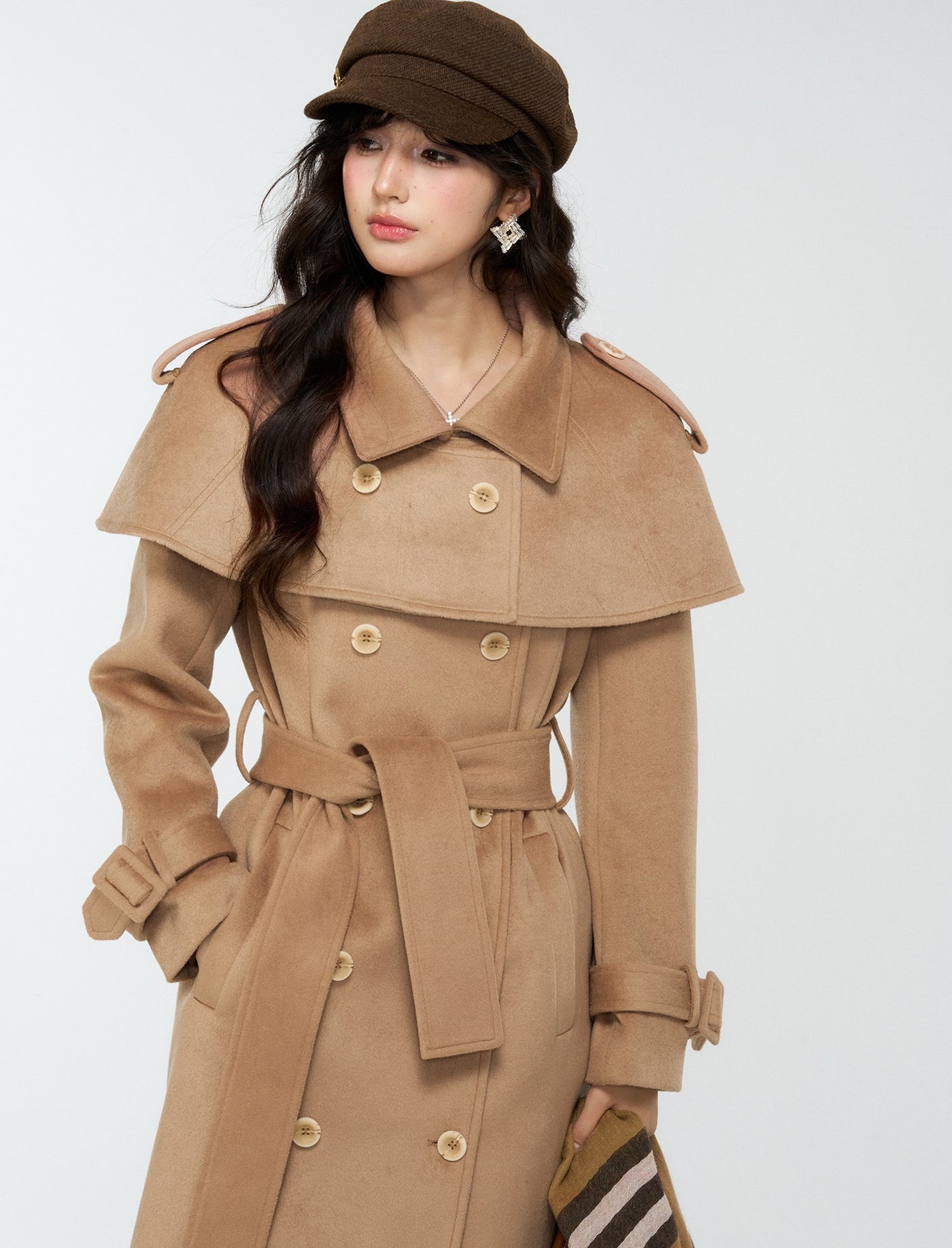 British Style Brown Long Cape Wool Coat 4MU0170