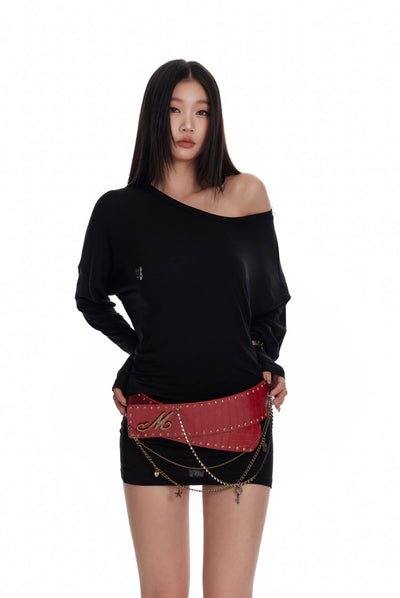 Oblique Shoulder Pleated Stacked Bottoming Long-sleeved T-shirt 4MU0072