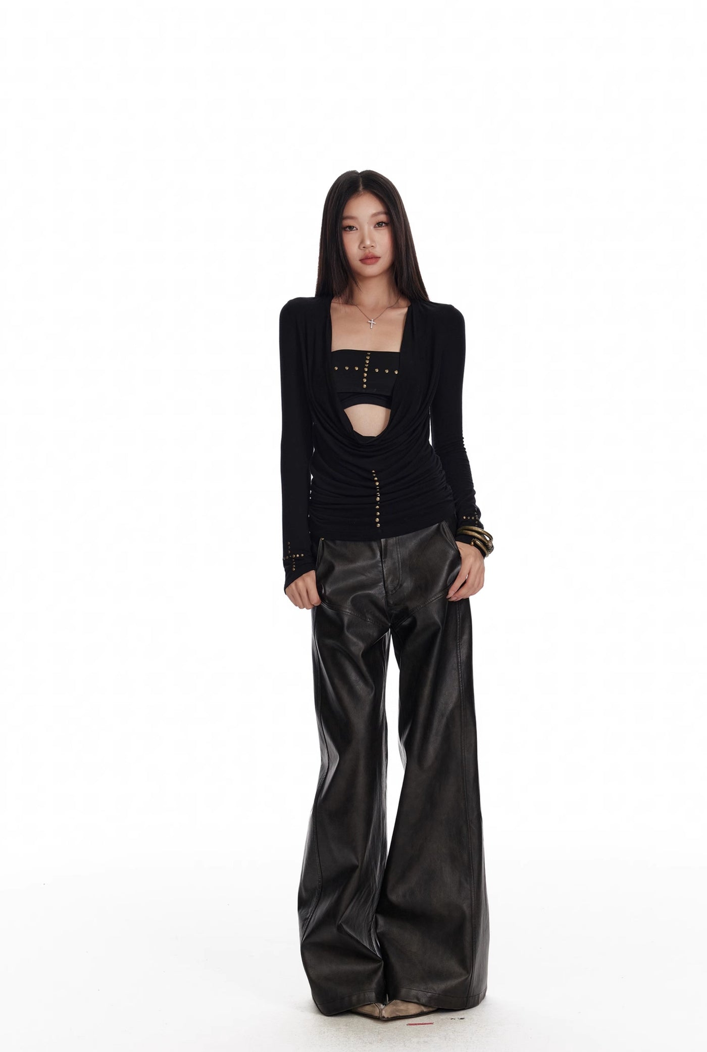 Black Low Waist Slim Wide Leg Straight Leather Pants 4MU0069