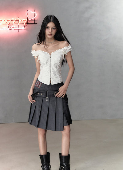 Irregular Waist Pleated A-Line Midi-Length Skirt/Belt VIA0135