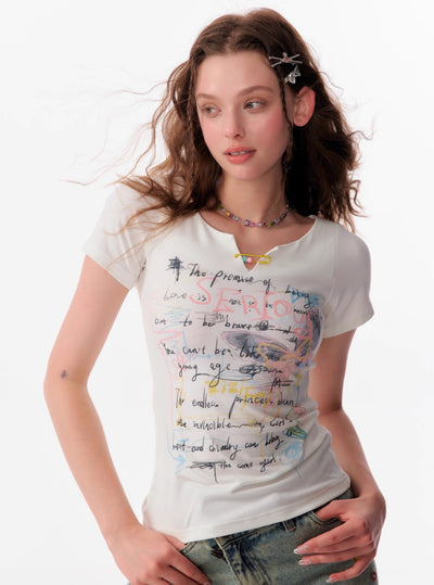 Letter Graffiti Print Slim Small V-neck Short-sleeved T-shirt ZIZ0100