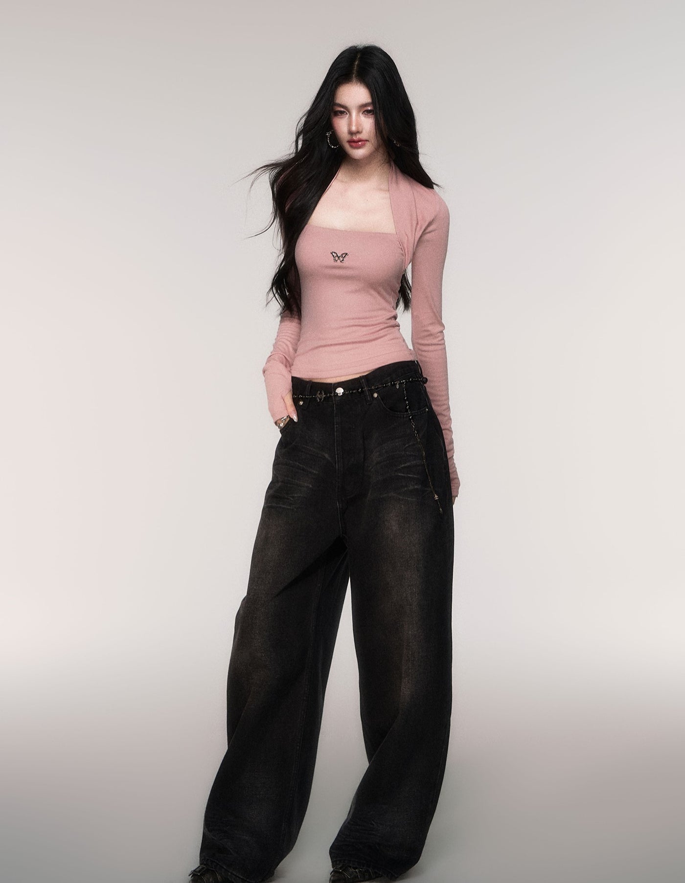 Black High-waisted Wide-leg Casual Jeans LUL0206