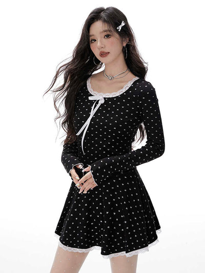 Bow Lace Slim Knit A-Line Dress IMO0072