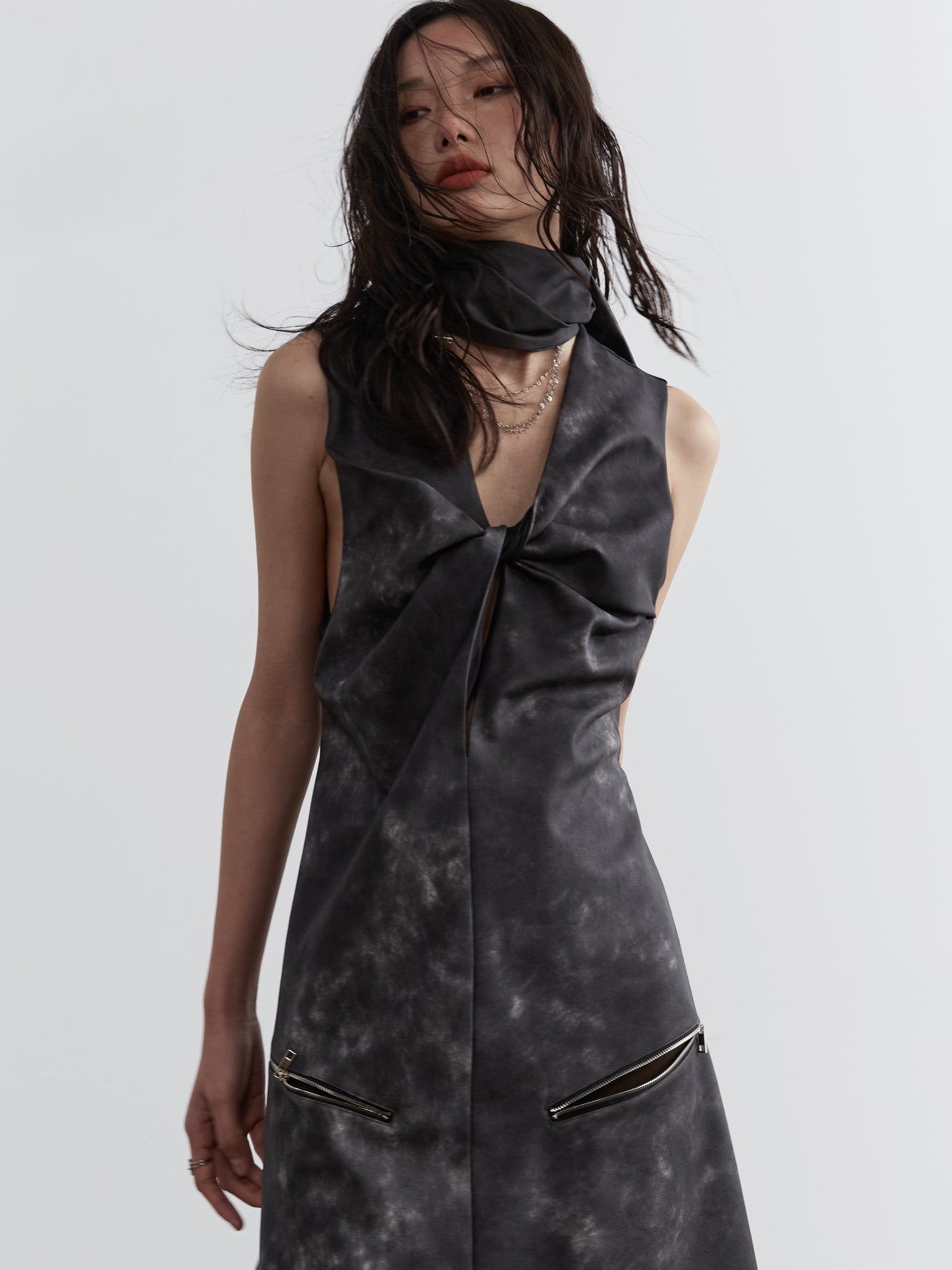 Dark Punk Cut-out Smoked Leather Bib Dress JNY0118