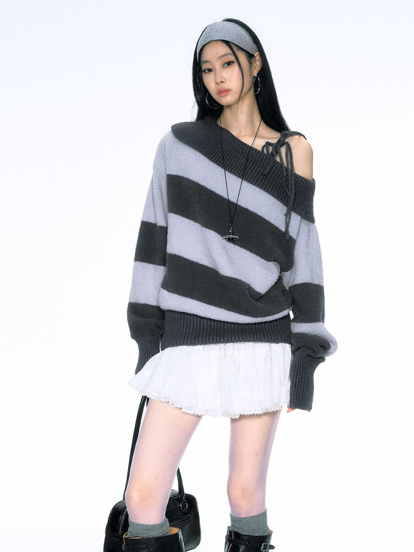 Retro Loose Striped Coral Fleece Contrast Knitted Sweater CUR0162