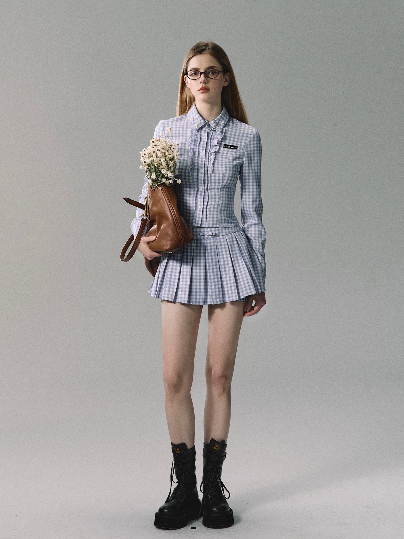 Blue And White Plaid Shirt/Pleated Skirt OAK0215